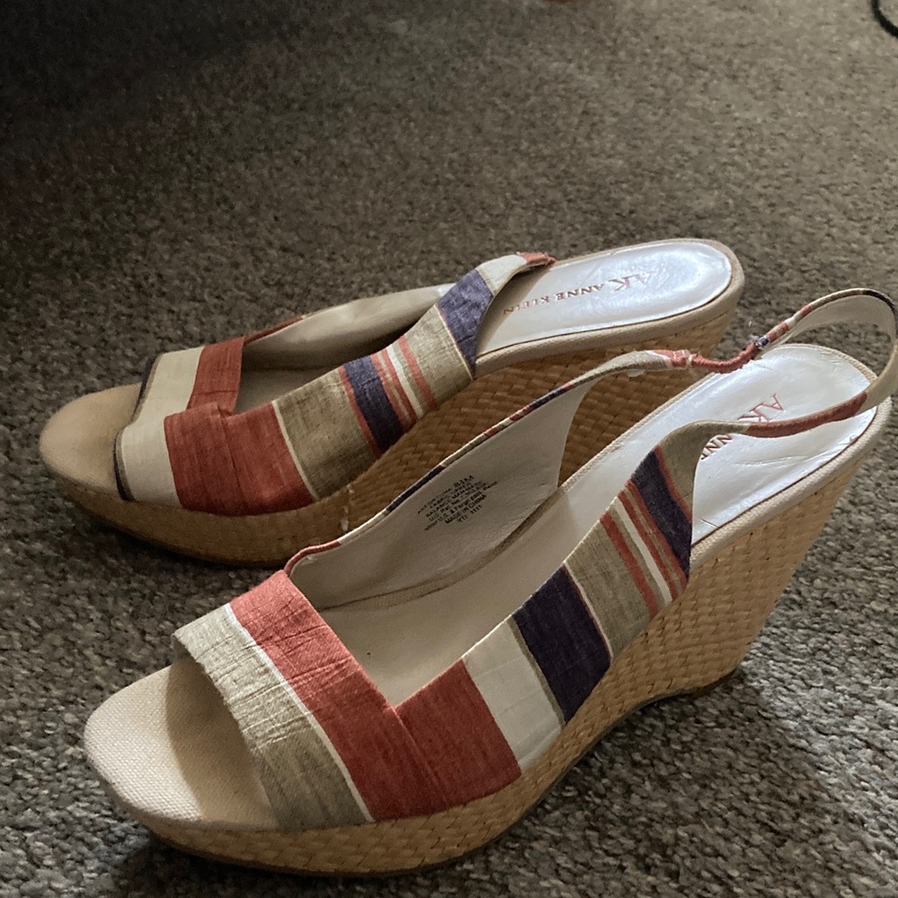 Anne Klein Striped Coral, Navy & Cream Wedge Sandals